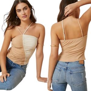 Anthropologie Dolan Asymmetric Ruched Halter Colorblock Tank Top Tan Cream NWT S